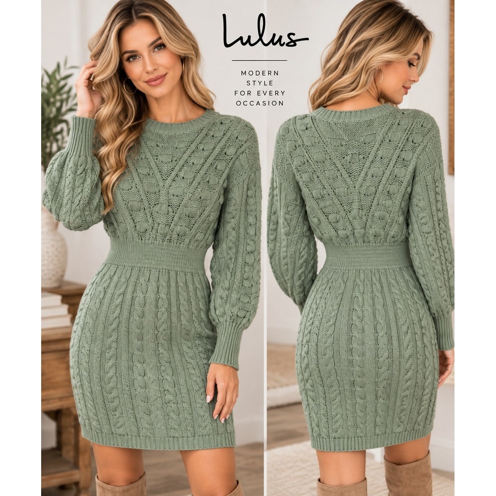 Lulus Sage Green Cable Knit Mini Sweater Dress Balloon Sleeve Pom Pom Size M